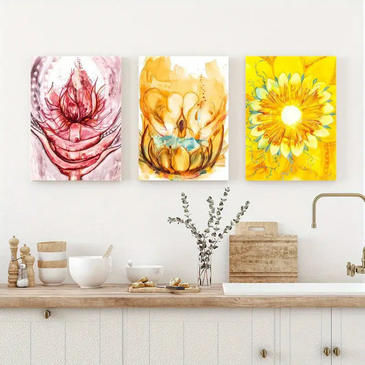 3pcs Pink, orange and yellow floral, Creative Design Metal Print Ready to Hang Art