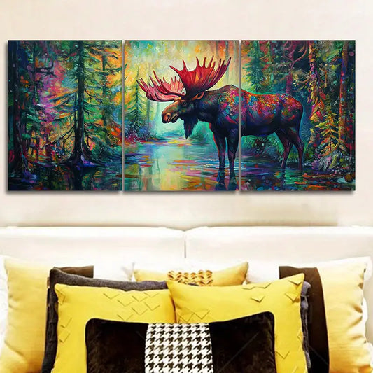 3pcs Vibrant Moose in the Forest Metal Print Ready to Hang Art