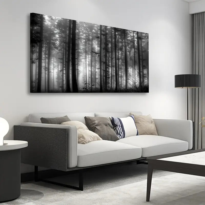 Foggy Forest Black & White Big Trees Wall Art canvas office home room framed 120x60cm
