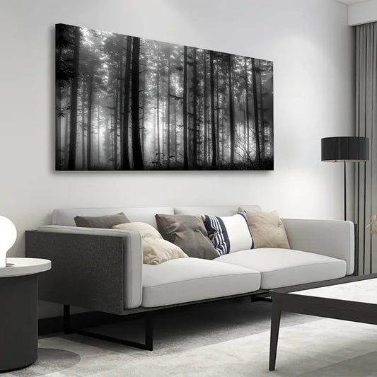 Foggy Forest Black & White Big Trees Wall Art canvas office home room framed 120x60cm