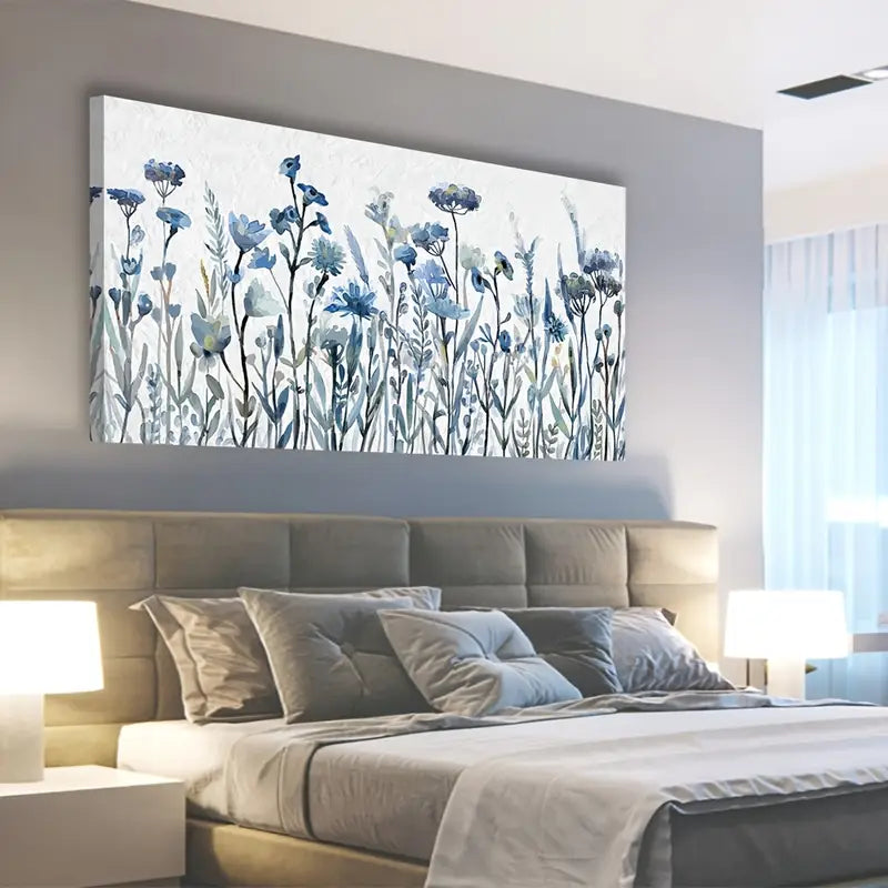 Navy Blue Flowers Botanical Blossom Wall Art canvas office home room framed 120x60cm