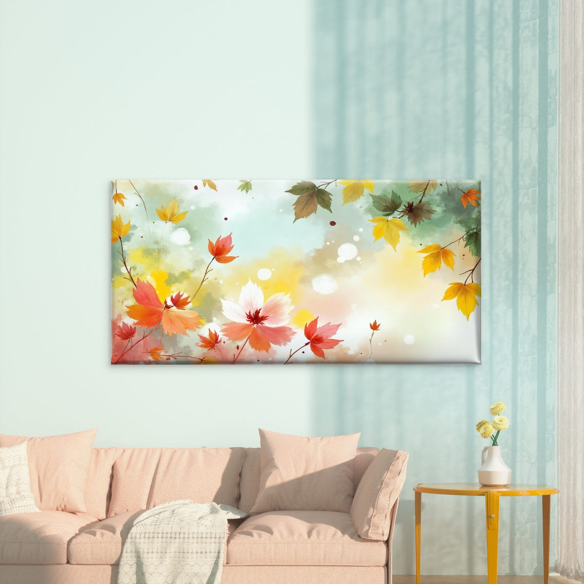 Golden Autumn Floral Watercolor Wall Art Canvas Office Home Room Framed 80x45cm