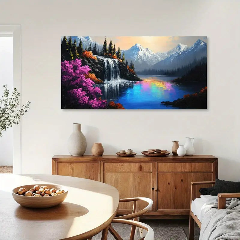 Waterfall Lake Snow-Capped Mountains & Forest Wall Art canvas office home room framed 120x60cm