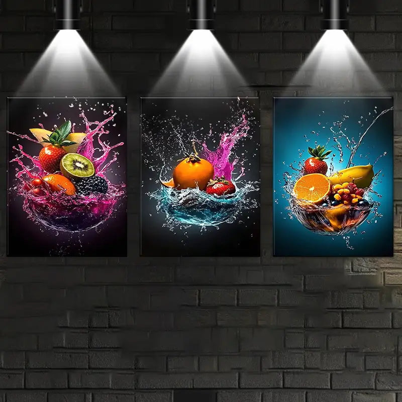 3pcs Vibrant Abstract Fruit Water Splash Metal Print Ready to Hang Art
