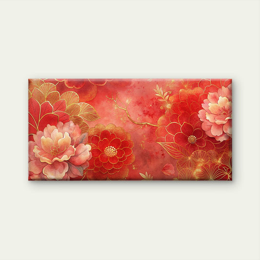 Red Golden Floral Design Wall Art Canvas Office Home Room Framed 80x45cm