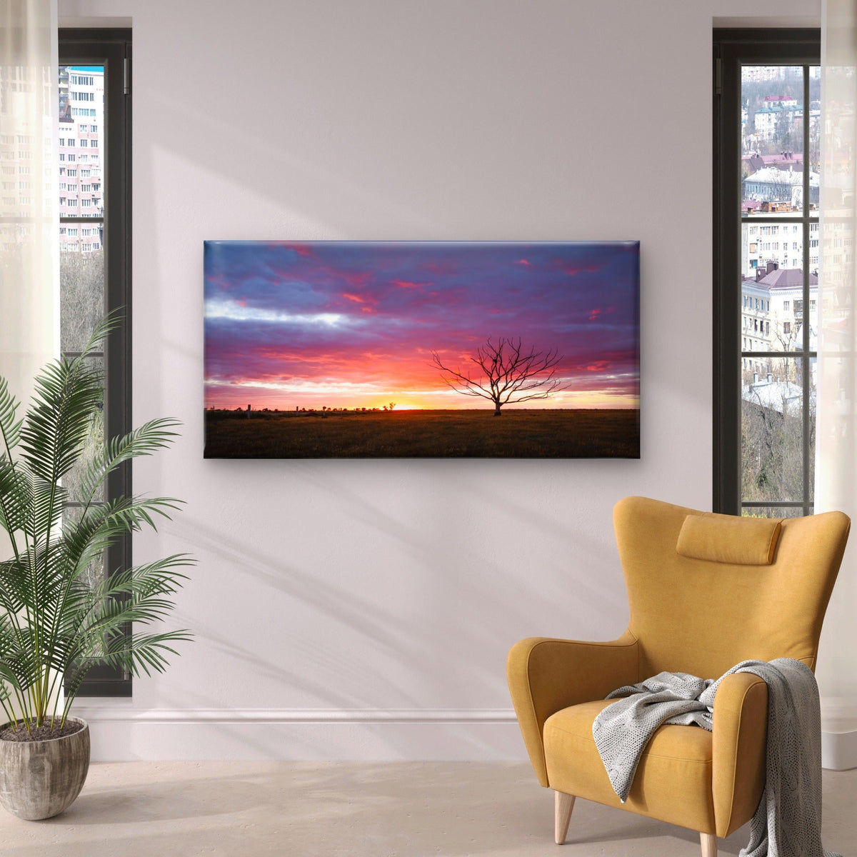 Field Covered Greenery With Bare Tree Cloudy Sky Pink Sunset Wall Art Canvas Office Home Room Framed 120x60cm