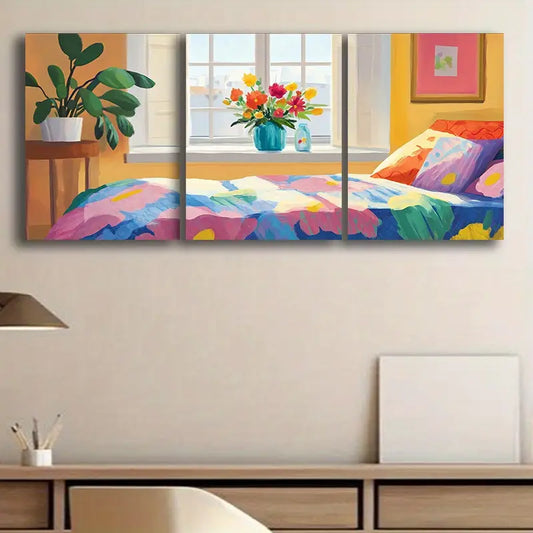 3pcs Bedroom with Window Illustration Metal Print Ready to Hang Art