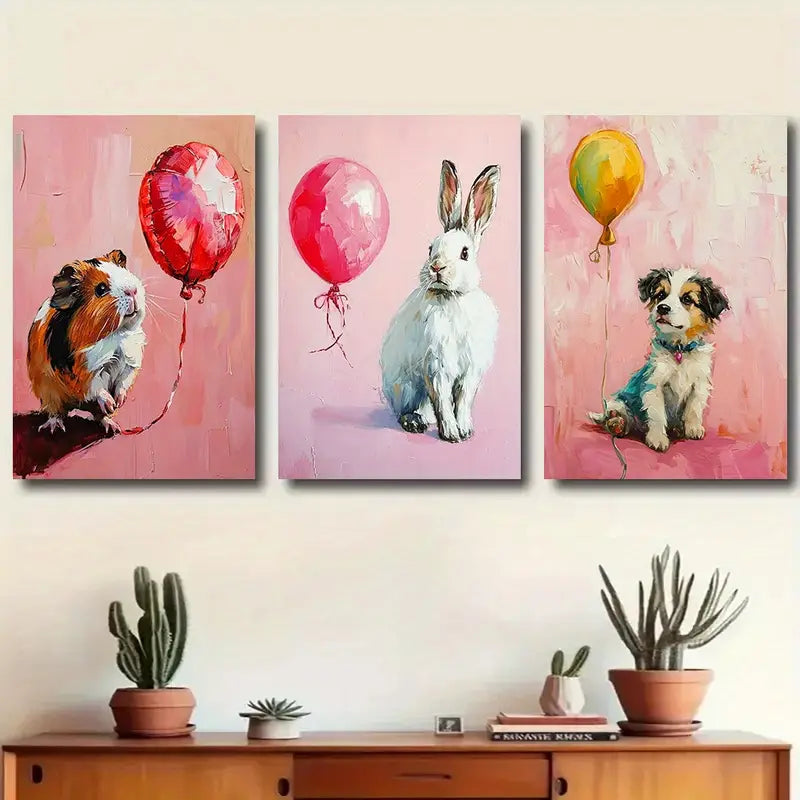3pcs Balloons & Puppy, Guinea Pig, Rabbit Classic Design Metal Print Ready to Hang Art