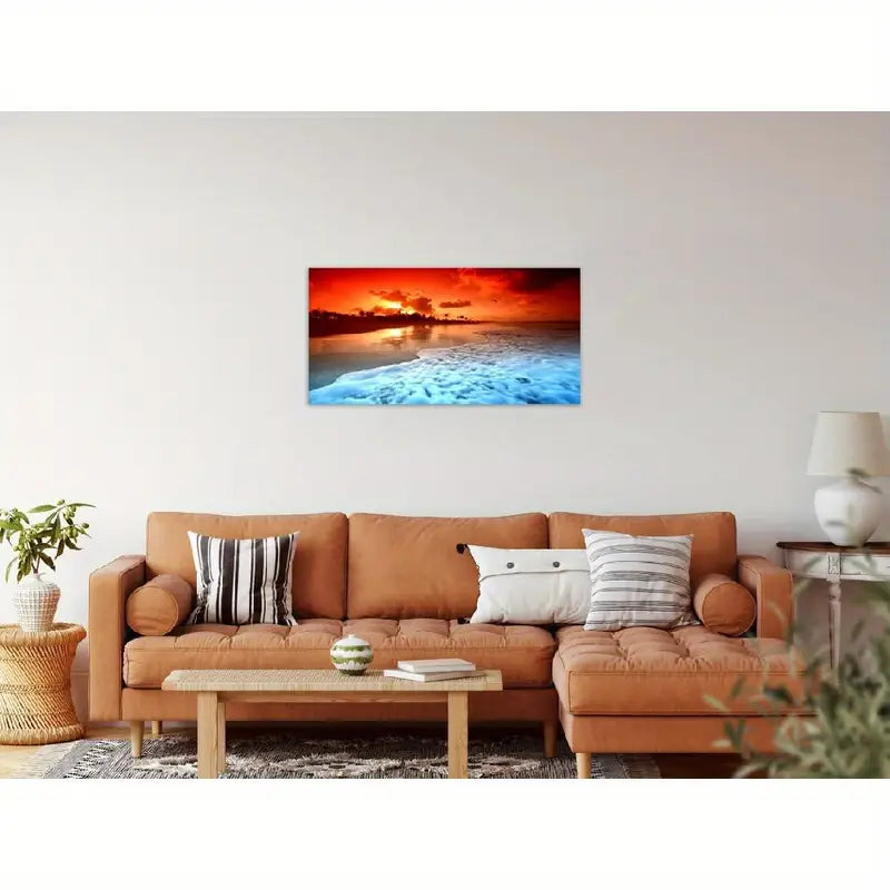 Panels Beach Sunset Ocean Wall Art canvas office home room framed 120x60cm