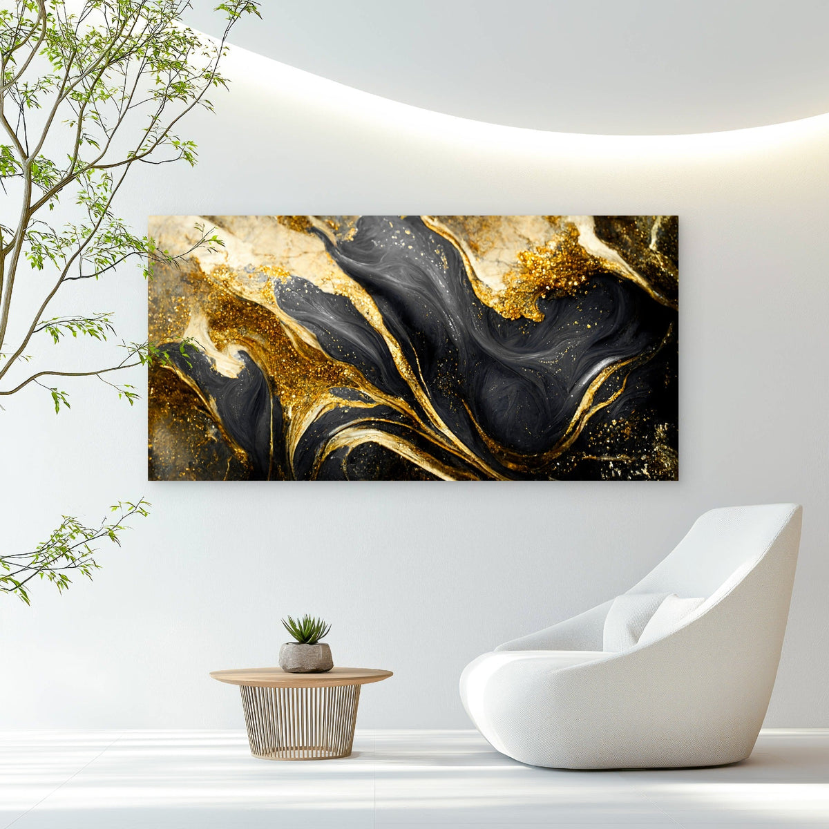 Black Gold Marble Swirl Wall Art Canvas Office Home Room Framed 80x45cm