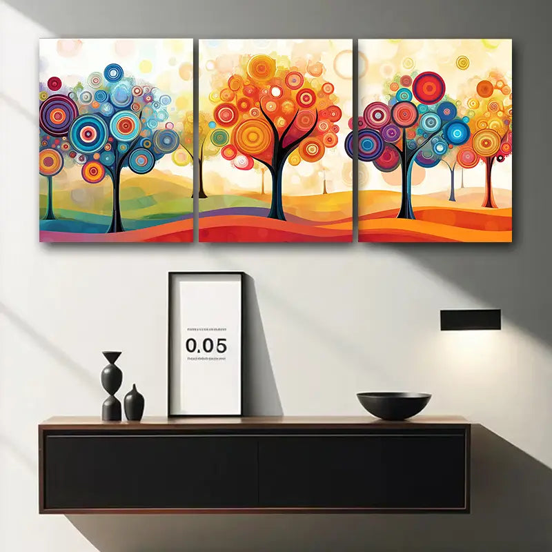 3pcs Colorful Trees with Circles Metal Print Ready to Hang Art