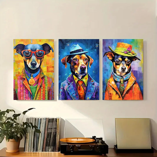 3pcs Watercolor Colorful Stylish Dog Dressed in Trendy Suits Metal Print Ready to Hang Art