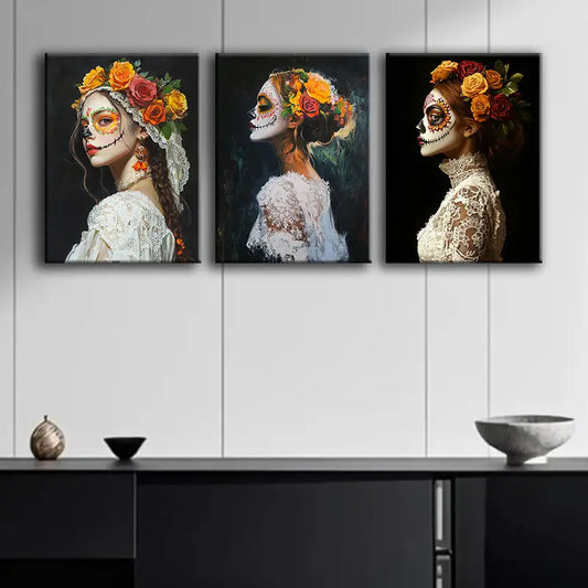 3pcs Featuring Vibrant Floral Dia de los Muertos Designs Metal Print Ready to Hang Art