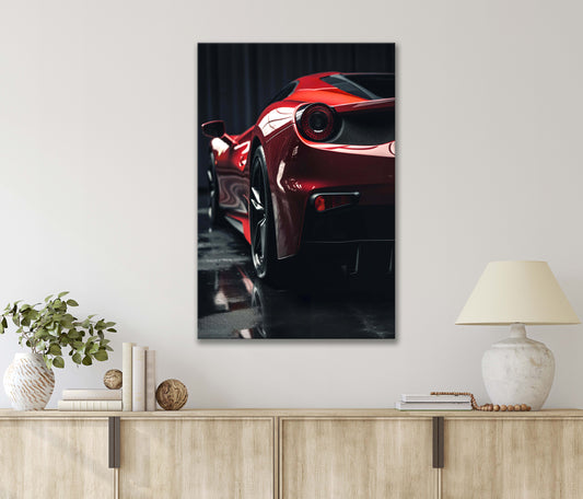 Loving Red Sports Car Parked in A Dark Garage, Wet Floor Print 100% Australian Made 40x60cm Stretched Canvas Ready to Hang