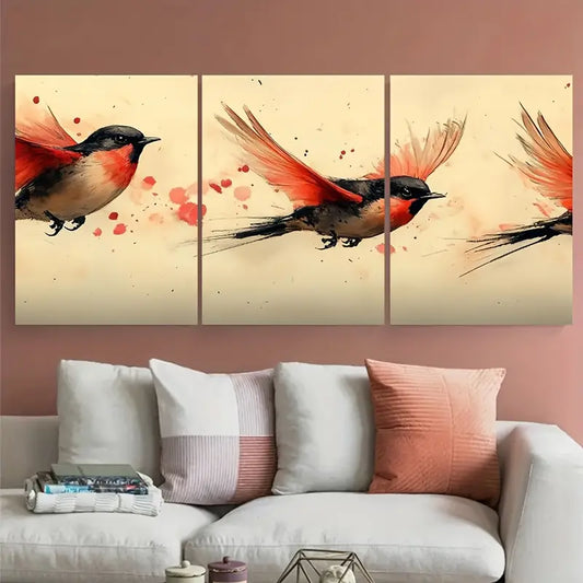 3pcs Red Black Beige Wildlife Birds Metal Print Ready to Hang Art