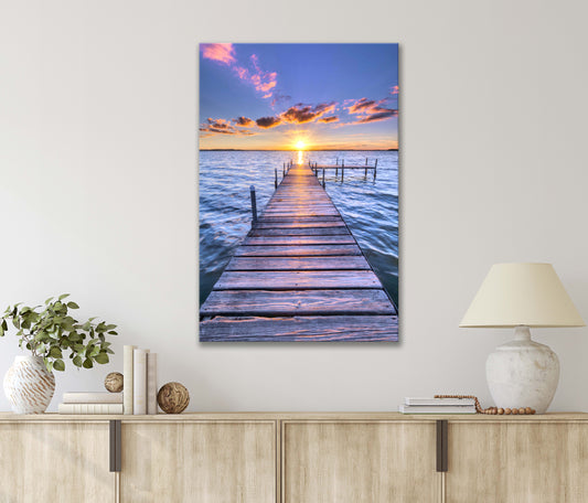 Wooden Dock Over An Ocean By Sunrise Print 100% Australian Made 40x60cm Stretched Canvas Ready to Hang