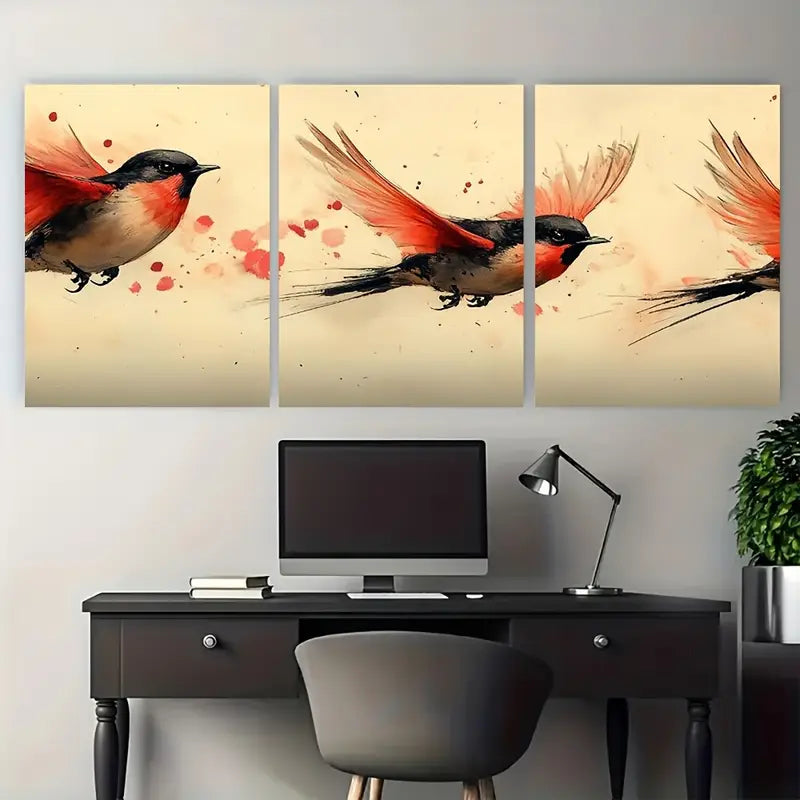3pcs Red Black Beige Wildlife Birds Metal Print Ready to Hang Art