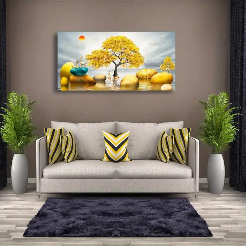 Abstract Yellow Tree and Stones in Lake Wall Art canvas office home room framed 120x60cm