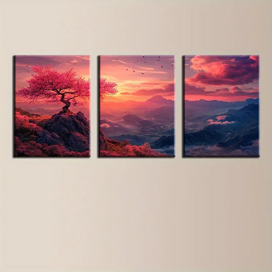 3pcs Vibrant Sunset Landscape with Pink Blooming Tree Metal Print Ready to Hang Art