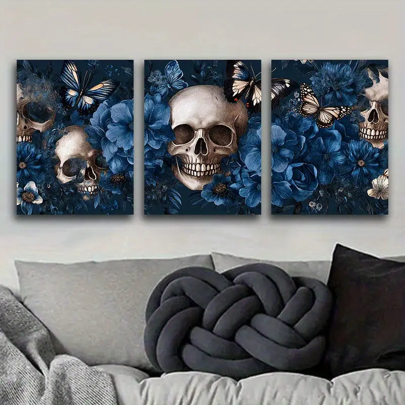 3pcs Skulls and Blue Flowers with Butterflies Metal Print Ready to Hang Art