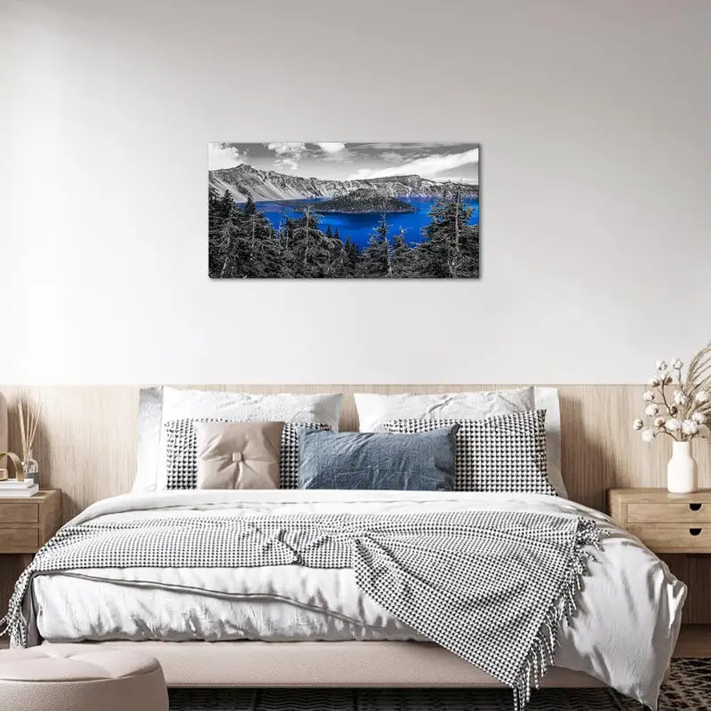 Black and White Blue Volcano Lake Wall Art canvas office home room framed 120x60cm