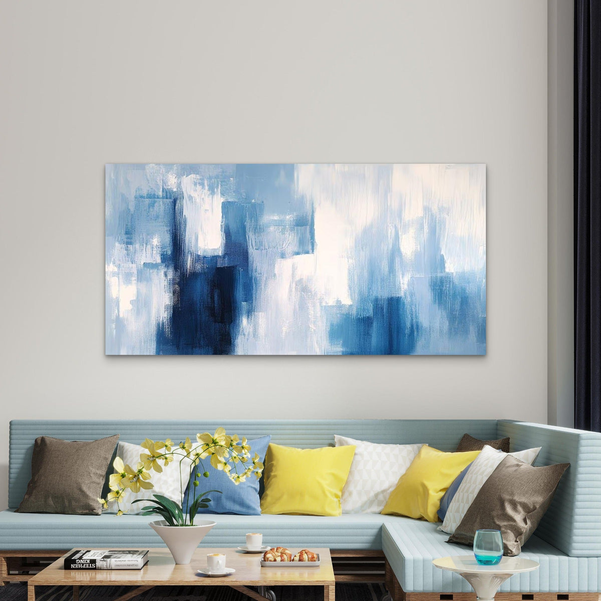Abstract Design Blue And White Wall Art Canvas Office Home Room Framed 120x60cm