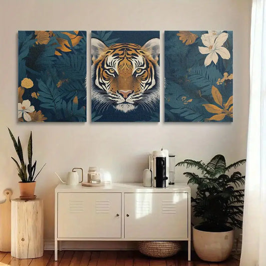 3pcs Vibrant Blue Background with Floral & Wildlife Design Metal Print Ready to Hang Art