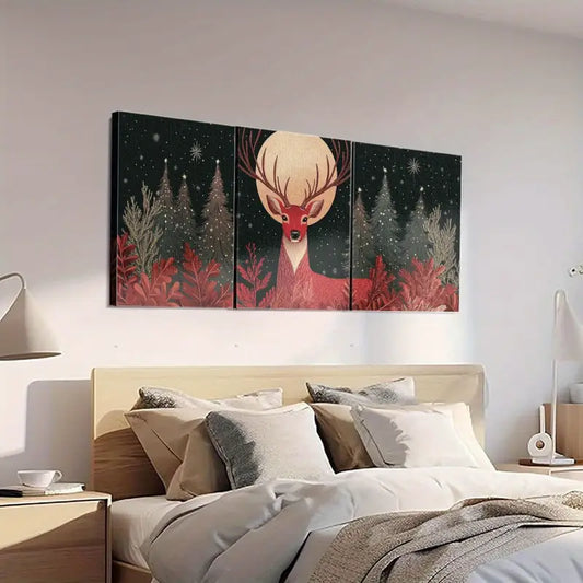 3pcs Elegant Red-Nosed Deer with Snowy Forest & Starry Night Metal Print Ready to Hang Art