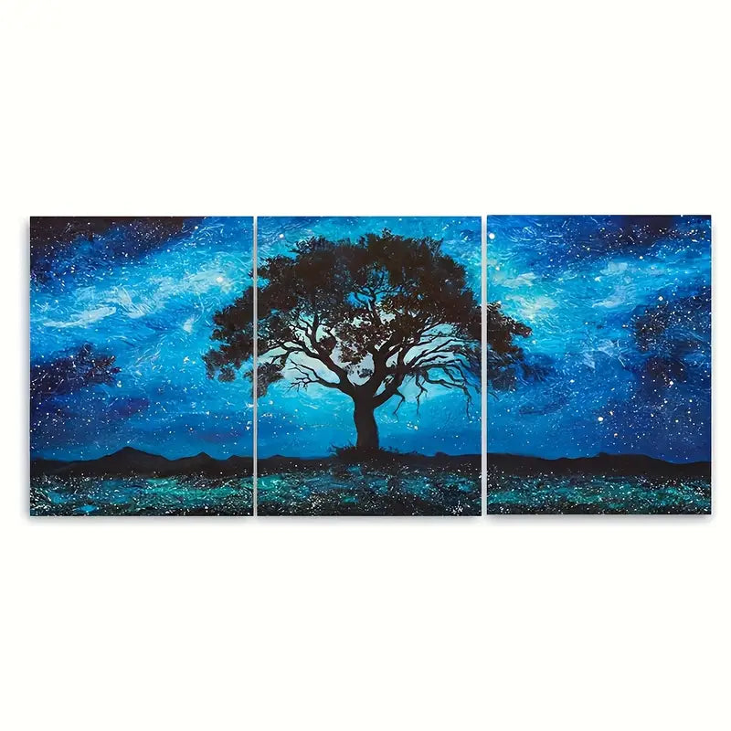 3pcs Lone Oak Tree Starry Blue Night Metal Print Ready to Hang Art