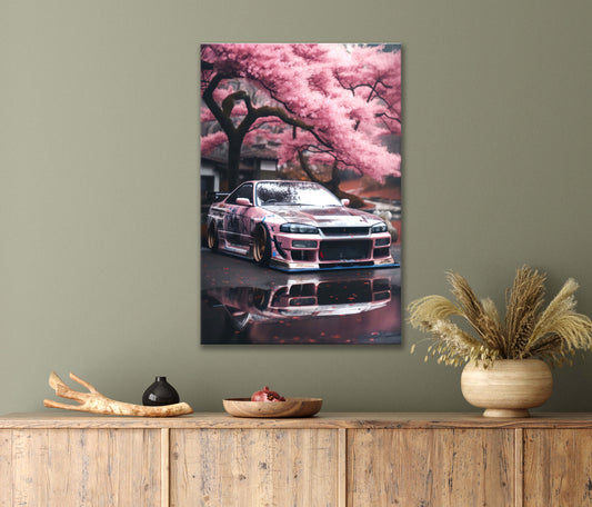 Nature Beauty Of Pink Car Parked Under a Blossoms Tree Print 100% Australian Made 40x60cm Stretched Canvas Ready to Hang