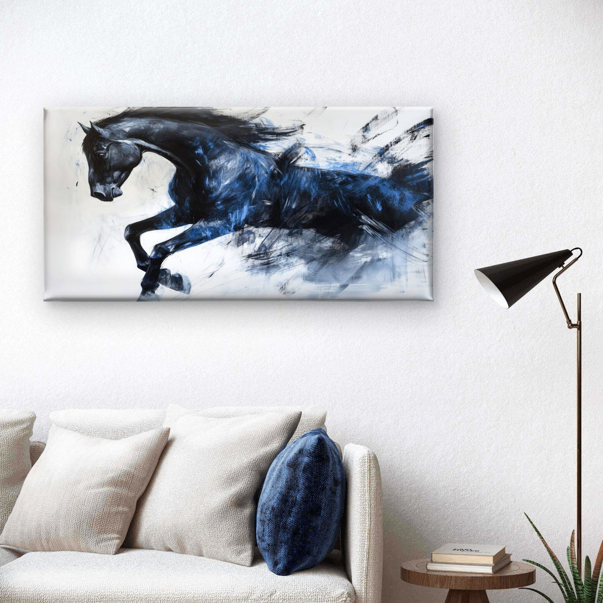 Abstract Black Running Horse Wall Art Canvas Office Home Room Framed 120x60cm
