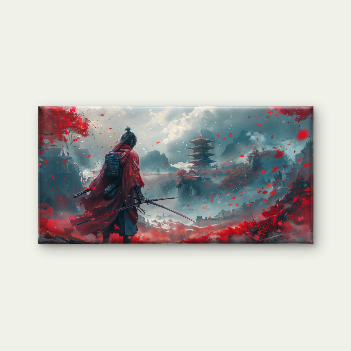 Red samurai Landscape Wall Art Canvas Office Home Room Framed 80x45cm