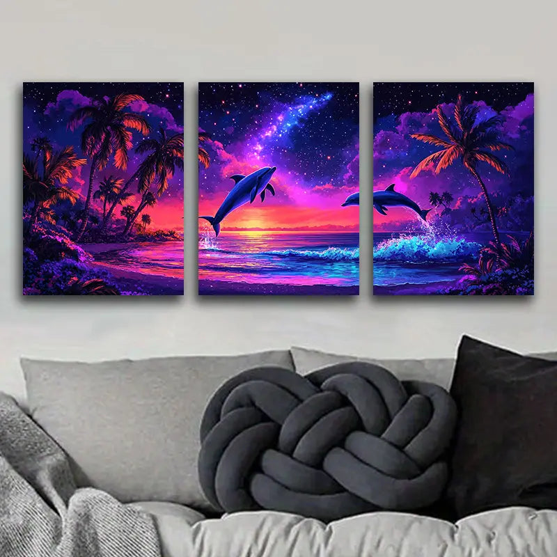3pcs Dolphins under the purple sky Metal Print Ready to Hang Art