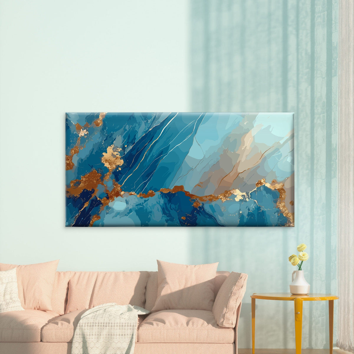 Azure Gilded Marble Fluid Wall Art Canvas Office Home Room Framed 80x45cm