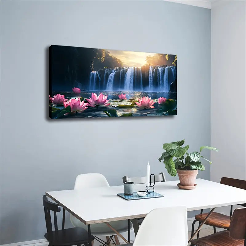 Serene Waterfall Blooming Flowers Wall Art Canvas Office Home Room Framed 120x60cm