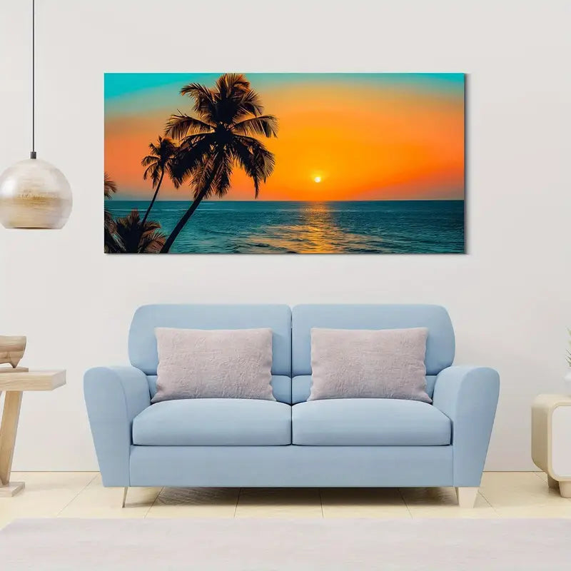 Sunset Beach Palm Trees & Orange Sky Wall Art canvas office home room framed 120x60cm