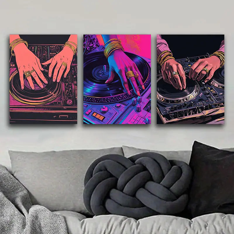 3pcs Featuring a Close-Up of Hands on a Turntable Metal Print Ready to Hang Art
