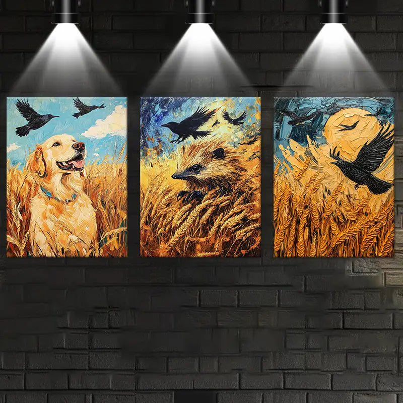 3pcs Watercolor Beautiful Wheat Animals Crow Metal Print Ready to Hang Art