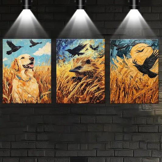 3pcs Watercolor Beautiful Wheat Animals Crow Metal Print Ready to Hang Art
