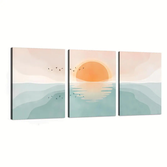 3pcs Ocean Waves & Abstract Sun Design Metal Print Ready to Hang Art