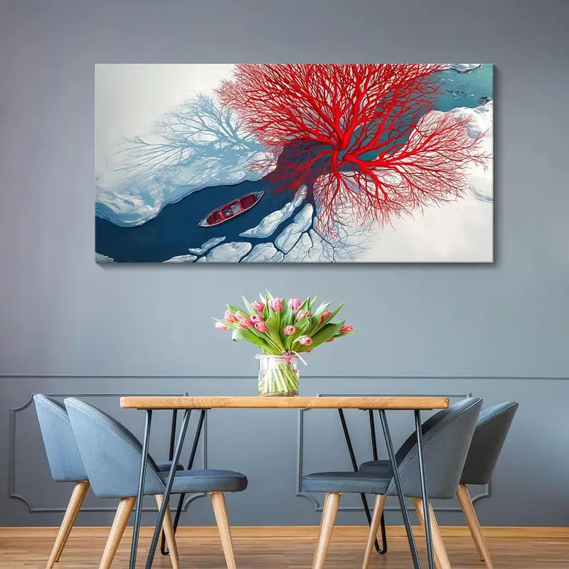 Red Modern Tree Blue River Wall Art canvas office home room framed 120x60cm