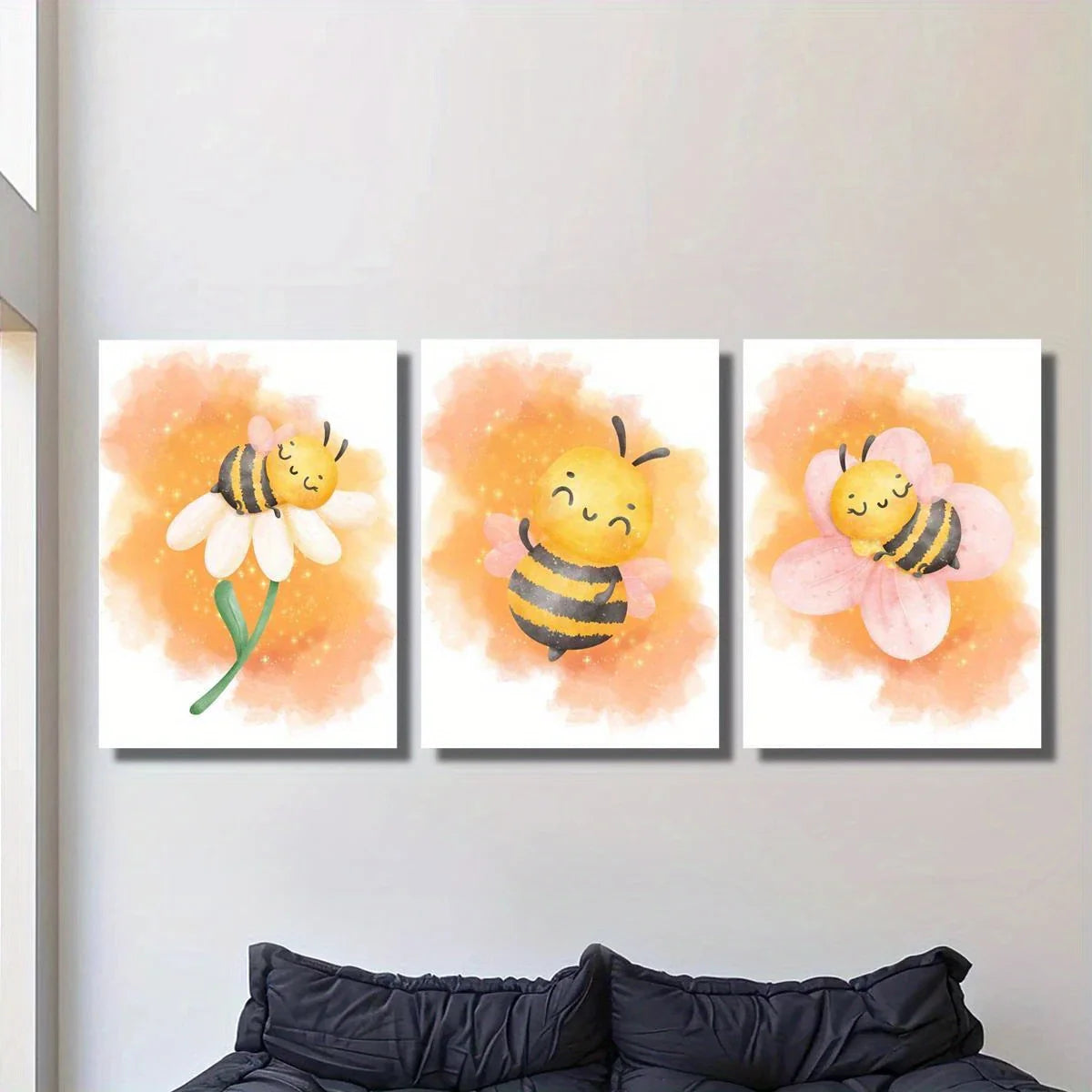 3pcs Cute Bee & Floral Watercolor Design Metal Print Ready to Hang Art