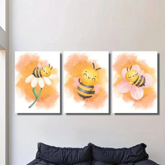 3pcs Cute Bee & Floral Watercolor Design Metal Print Ready to Hang Art