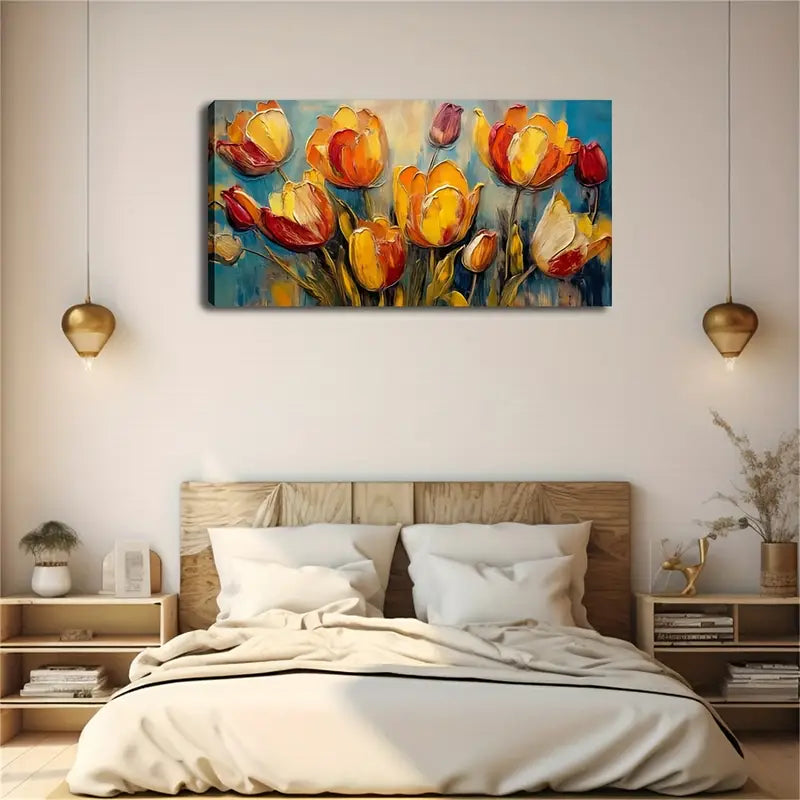 Vibrant Tulip Yellow & Orange Wall Art Canvas Office Home Room Framed 120x60cm
