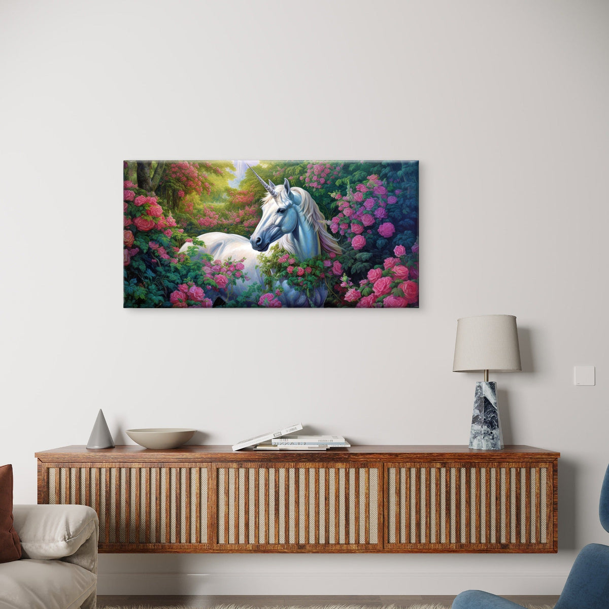 Enchanted White Unicorn Floral Pink Roses Wall Art Canvas Office Home Framed 120x60cm