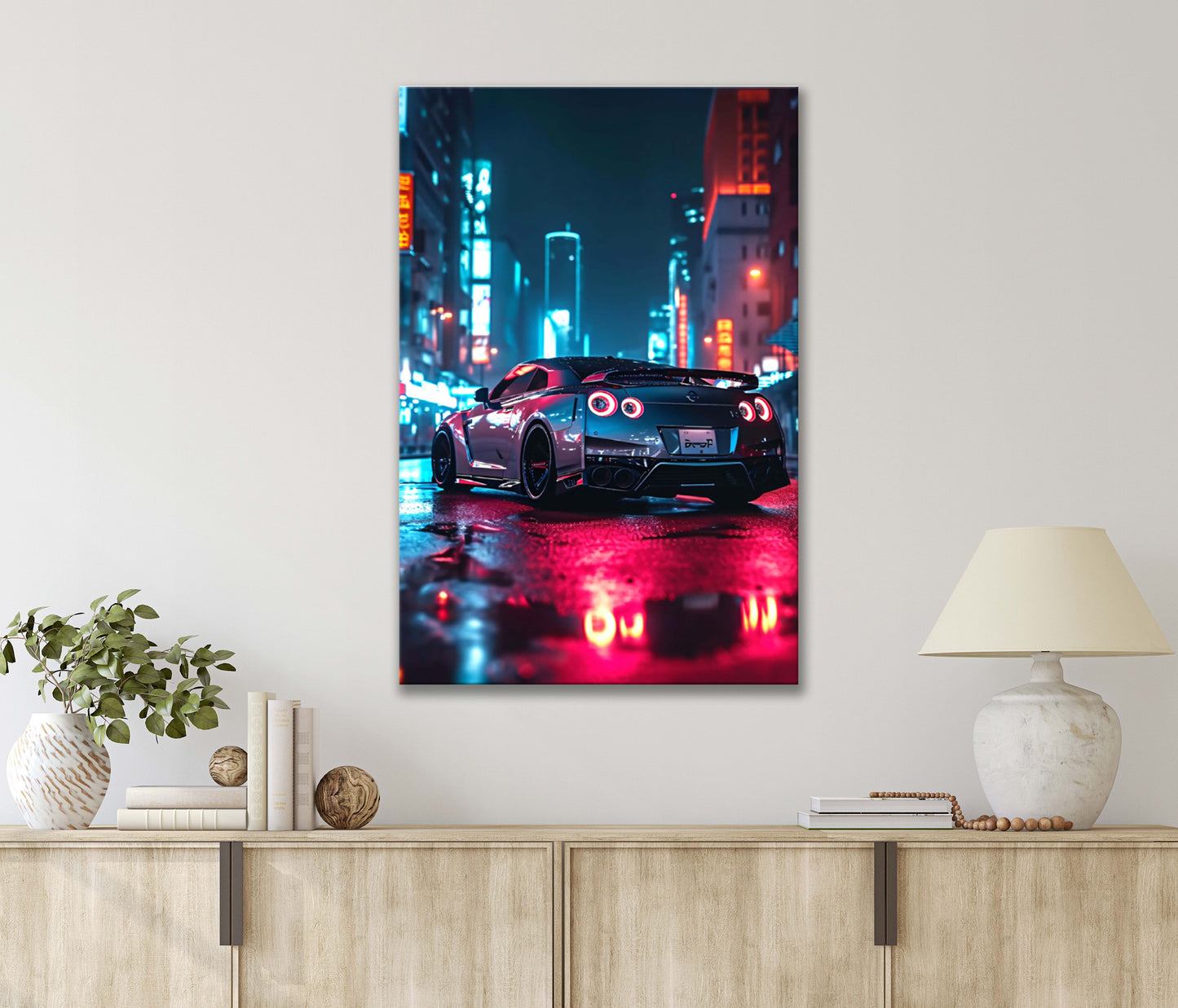 Luxury Car with Headlights at Rainy Night City Lights Print 100% Australian Made 40x60cm Stretched Canvas Ready to Hang