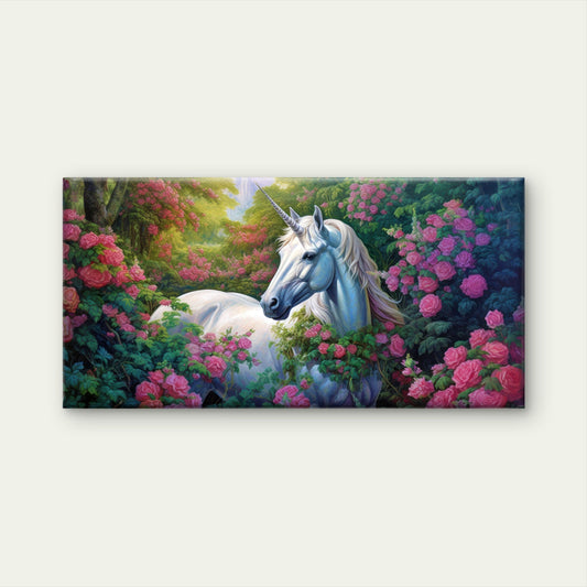 Enchanted White Unicorn Floral Pink Roses Wall Art Canvas Office Home Framed 80x45cm