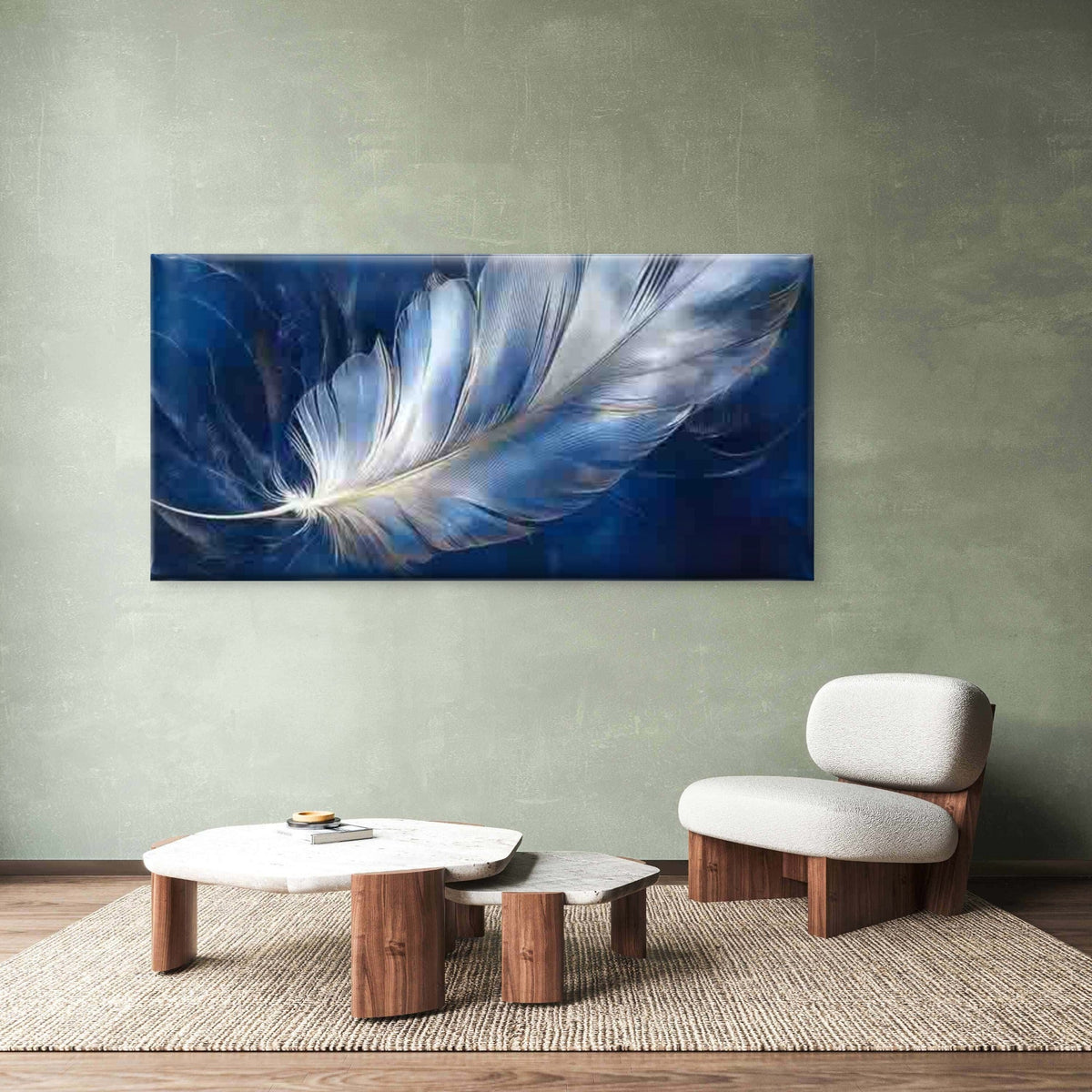 Blue And White Feather Wall Art Canvas Office Home Room Framed 120x60cm