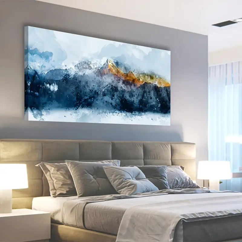 Indigo Abstract Mountain Modern Blue & Orange Wall Art canvas office home room framed 120x60cm