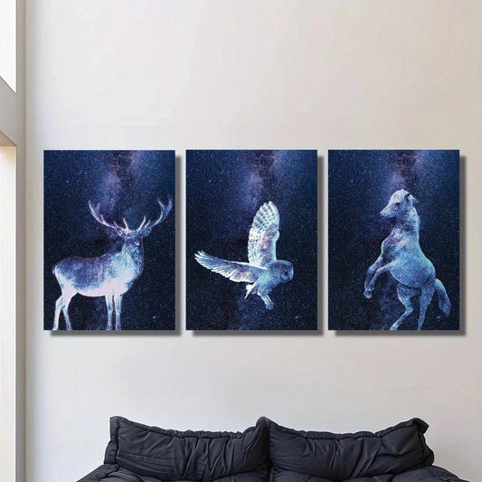 3pcs Abstract Cosmic, Deer, Owl & Horse in Space Stars Metal Print Ready to Hang Art